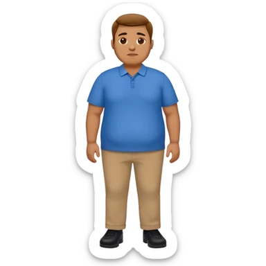 A man in a blue shirt, brown pants, and black shoes who is overweight. sticker