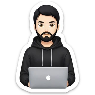hackeur blanc cheveux noir barbe et capuche noir avec un macbook sticker
