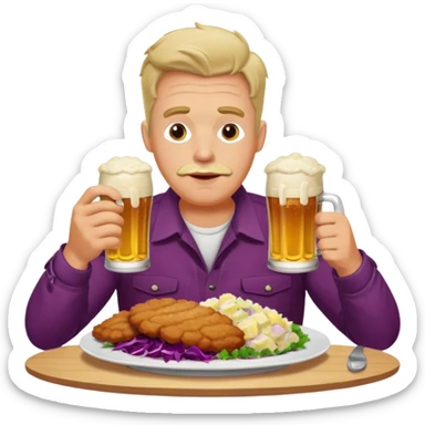 German man eating schnitzel, potato salad, red cabbage, sauerkraut, and beer sticker
