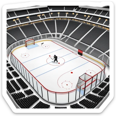 An icon showing a hockey stick, puck, skates, and goalposts on the ice. The background features a large hockey stadium with cheering fans, bright lights, and a snowy landscape visible through the arena. Transparent background highlights the main hockey equipment and atmosphere. sticker