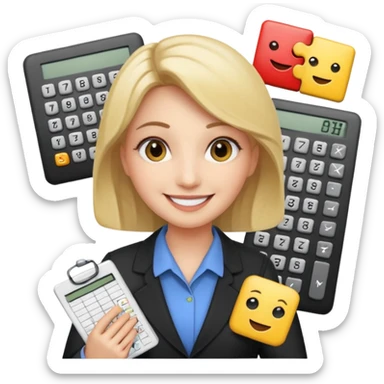 aUDITOR smiling with spreadsheet and a calculator, emoji, ADD A puzzle and a Balance for accounting sticker