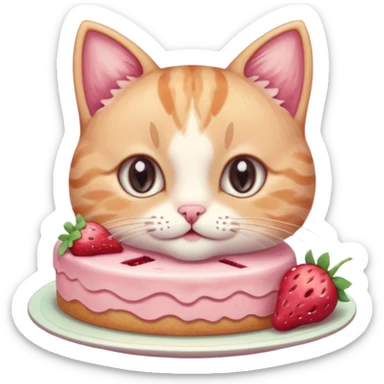 A cute cat happily eating a slice of strawberry cake, pastel color palette, soft shading, big sparkling eyes, kawaii style, highly detailed digital illustration, cozy atmosphere
, sticker