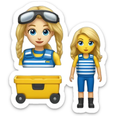 Ikea coworker blue eyes blond woman blue stripes t-shirt and yellow security vest with trolley scan sticker
