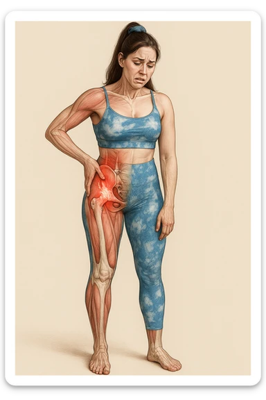 Realistic anatomical illustration of a woman in sportswear inspired by the reference photo, showing pain in the right hip with highlighted muscles and joints involved, hand on the painful area, pained expression, neutral background. sticker