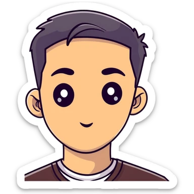 young man with modern black haircut, big eyes, medium lips, big eyebrows sticker