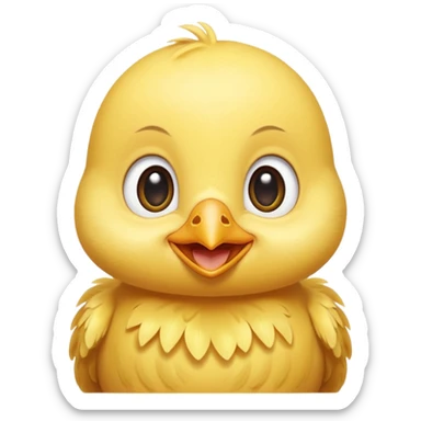 Cute baby chick named Lex, smiling with big shiny eyes, soft yellow feathers, round head, very adorable emoji style sticker