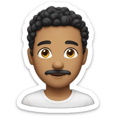 Light brown skin with short curly black  hair with a skin fade around the sides and a small thin moustache sticker