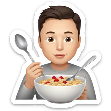 Elon Musk eating a bowl of cereal, man with short dark hair eating cereal from a bowl with a spoon sticker