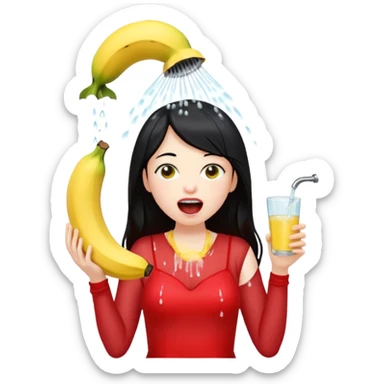 a girl with black hair and red dress with opened mouth drinking pale yellow water coming out from a shower looking like a banana above her head sticker