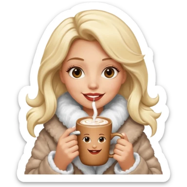 Tanned Girl with lashes , blonde hair, in an extremely big fluffy oversized coat and hold hot chocolate drink and half moon eyes , big lip sticker