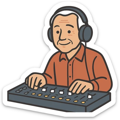flat toon style senior Caucasian man with headphones, working at a soundboard sticker