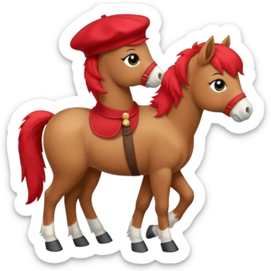 A cute pony (horse) emoji, full body, standing in side view, wearing a stylish red beret. sticker