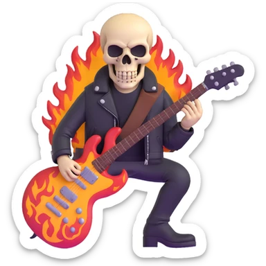 heavy metal skull with flames, electric guitar, leather jacket sticker