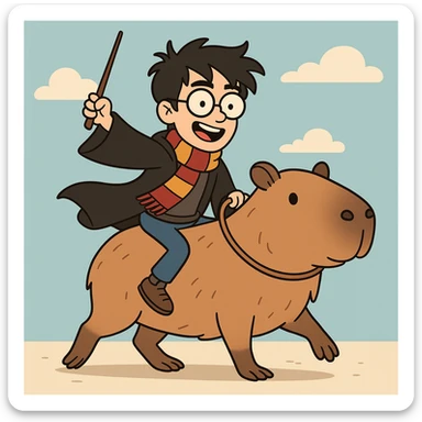 Harry Potter riding a capybara, cartoon style, playful, bright colors sticker