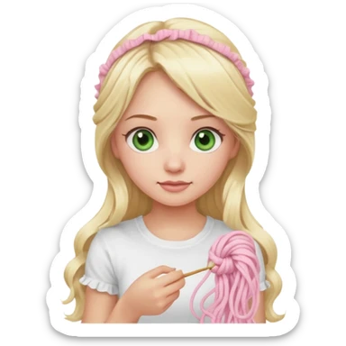 Knitting girl, blonde, long hair, light green eyes, the tshirt is white with ruffles, cute, the yarn is light pink sticker