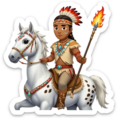 Male Chief Osceola wearing traditional Seminole garb and face paint , riding a white Appaloosa horse while holding a Native American spear that has feathers on tail and flames on spear head sticker