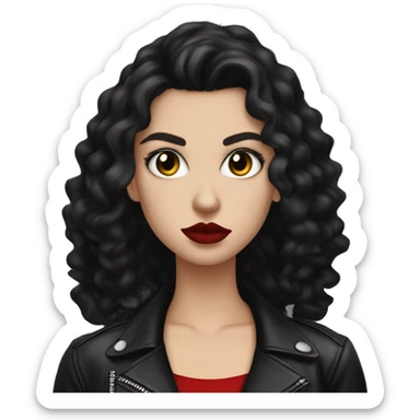 White girl, with long curly black hair, with red lipstick, black winged eyeliner, wearing black shirt and black leather jacket, rolling her eyes in annoyance  sticker