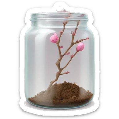 Delicate twig with pink buds on a transparent jar sticker