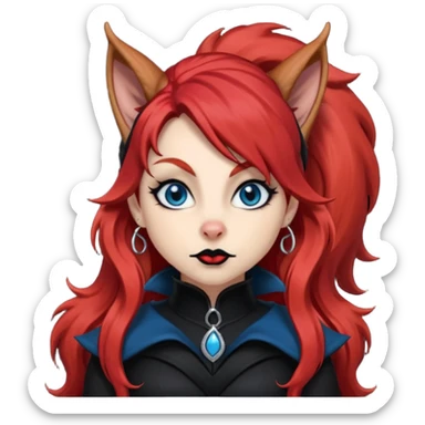  long curly blood red hair (darker), red pointed squirrel ears with black trim, black goth outfits, body and face human, blue eyes, more pointy chin, black lipstick, one big fluffy red squirrel tail with black tips, close her mouth, less evil looking sticker