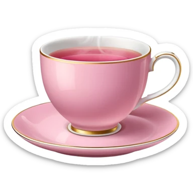 strong pink teacup filled with tea, placed on a matching pink saucer, with gentle steam rising from the cup.  sticker