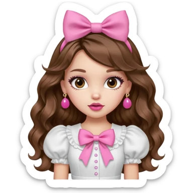 generate a pretty bratz girl in a white puff sleeve top. Pink lipgloss. Brown wavy hair long. Bow pink earrings sticker