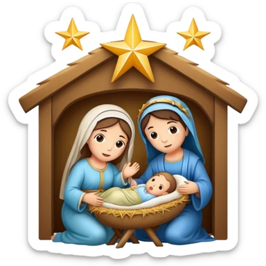 Nativity scene with baby Jesus in a manger, Mary, Joseph, and star above sticker
