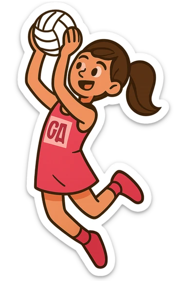 a brunette girl in a pink netball uniform jumping and shooting a netball, energetic, no background sticker