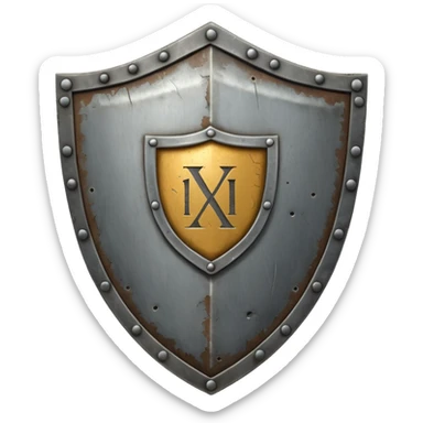 a battle worn steel shield with engraved roman numerals XXX, the roman numerals should be prominent and in the center of the shield sticker