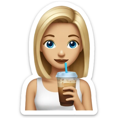 Girl with blue eyes brown hair with blonde highlights sipping iced coffee sticker