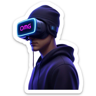 Russian man wearing a black hoodie with "OMG" letters on it and VR headset in a cyberpunk VR environment with violet neon lighting. sticker