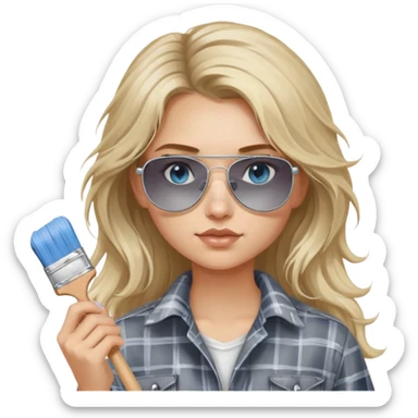 girl with long blond messy hair, wearing grey plaid shirt with blue eyes and aviator sunglasses wearing a ring on her silver necklace, holding a paint brush roller with a small bit of white paint on her face sticker