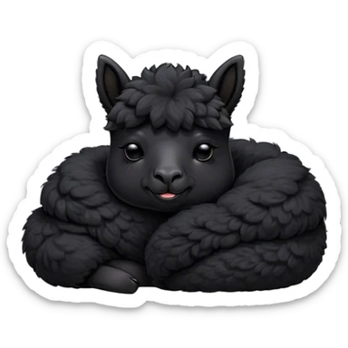 Meme-Worthy Cute Sleeping Black Alpaca Portrait Emoji, Head resting peacefully with a contented smile, showcasing a delightfully sturdy build and a luxuriously soft jet-black fleece, eyes shut in a serene nap, Simplified yet hilariously adorable features, highly detailed, glowing with a soft, drowsy light, high shine, relaxed and utterly lovable, stylized with an air of playful laziness, bright and heartwarming, soft glowing outline, capturing the essence of a comically sleepy alpaca, so meme-worthy it feels like it could instantly become the next viral sensation of adorable slumber! sticker