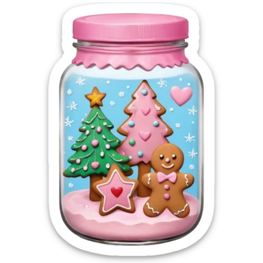 pastel pink christmas cookies in different shapes and one gingerbread man in jar with pink lid  sticker