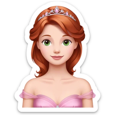 Cinematic Radiant Sleeping Beauty Portrait Emoji, rendered in a realistic, vector style with clean proportions. Show Aurora with a gentle smile, porcelain skin, and beautifully styled auburn hair, wearing her classic pink gown. The image glows with a soft, inviting radiance and high shine, accentuated by a soft glowing outline that enhances her graceful charm. sticker