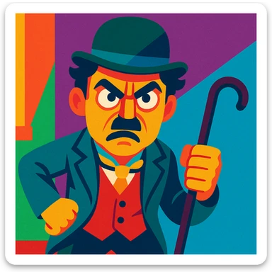 angry Charlie Chaplin, vibrant toon style, colorful, expressive, bowler hat, mustache, cane sticker
