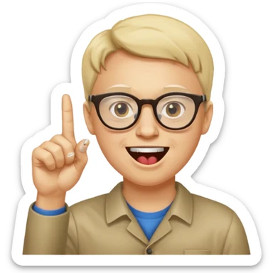 Somebody with Asperger’s who wears glasses as their eyes wide open, making a shit eating grin while having their pointer finger pointed up and at their mouth sticker