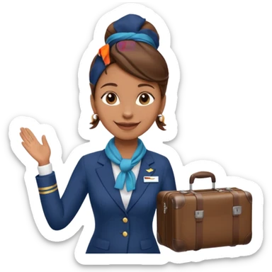 flight attendant, Light Brown skin, brown hair in single bun, neck scarf, suitcase sticker