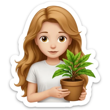 Girl with long light brown very very wavy hair and white t-shirt with plant sticker