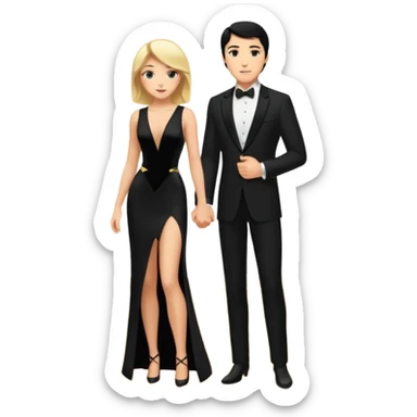 Blonde woman, black, Long, tight, sleveless Dress, Slot left Leg, man, black Hair, in Dinner jacket, Background ballroom sticker