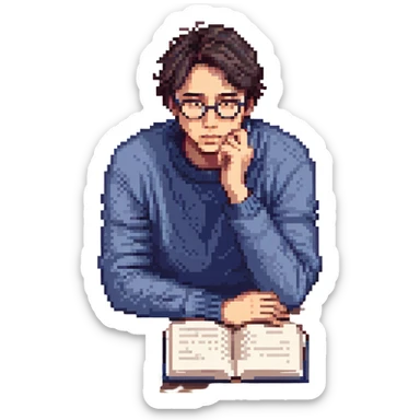 Flat pixel are, calm and curious male thinker, light skin, short tousled dark hair, round glasses, focused expression, wearing an indigo sweater, seated at a desk with open books, one hand resting under his chin in thought, waist-up, front-facing sticker