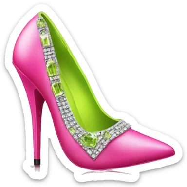 Realistic isolated top view of a pair of hot pink to lime green pointed toe high heel shoes with diamonds on them. sticker