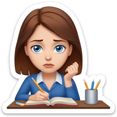 female writer, romantic, with brown hair, fair skin and blue eyes writing a book with a worried face sticker