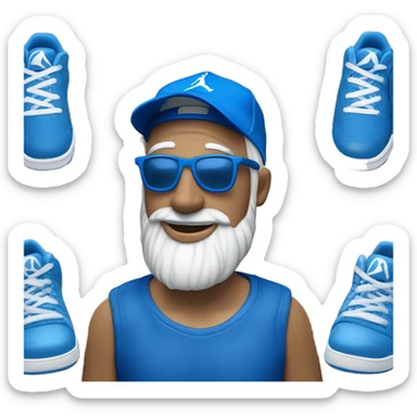 Homme de couleur blanche avec une barbe naissante portant des lunettes bleues , une casquette bleu , un survêtement Jordan bleu et des baskets bleues  sticker
