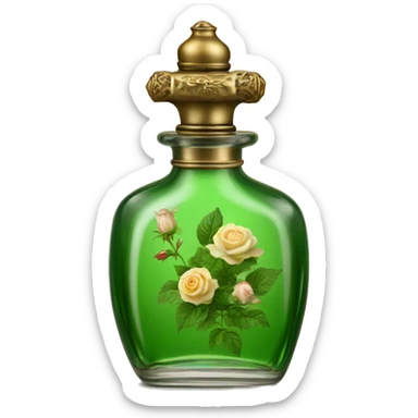 Green magic old Antique oil perfume bottle with herbal and rose flowers sticker