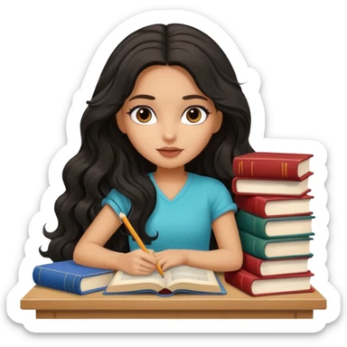 a pretty tan bratz girl with black wavy long hair studying. Pile of books on the table. No glasses sticker