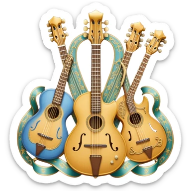 Create a complex, ceremonial, and professional emoji resembling a coat of arms, symbolizing plucked string instruments. The design should feature a combination of elements such as the necks and fretboards of various plucked string instruments like guitars, harps, and mandolins. The strings should be clearly visible, and the frets should be detailed. Intertwining with the instruments, there should be a flowing ribbon of musical notes, curving elegantly around the instruments and connecting them. The colors should include golden metallic tones, warm wood finishes, and silver accents to emphasize the professional and festive nature of the design. The background should be regal, using subtle textures or patterns to give a sense of grandeur, while keeping the instruments and notes as the focal point. The design should evoke a sense of celebration and sophistication, reflecting the rich tradition of plucked string instruments. sticker