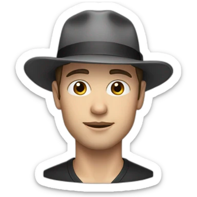 White skinned man with stubble and black hat sticker