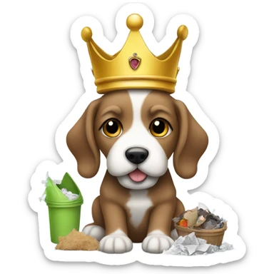 Small brown doodle puppy with a white beard eating garbage while wearing a crown because she is the garbage queen sticker