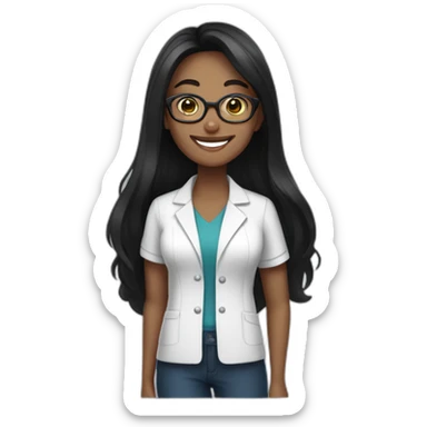 Pharmacist brown skin, long straight black hair, glasses and a big smile, femail sticker