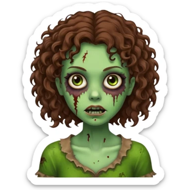 Faça uma garota zombie de cabelo cacheado castanho, olhos castanhos escuro e pele verde d zombie, com o cabelo abaixo do ombro sticker